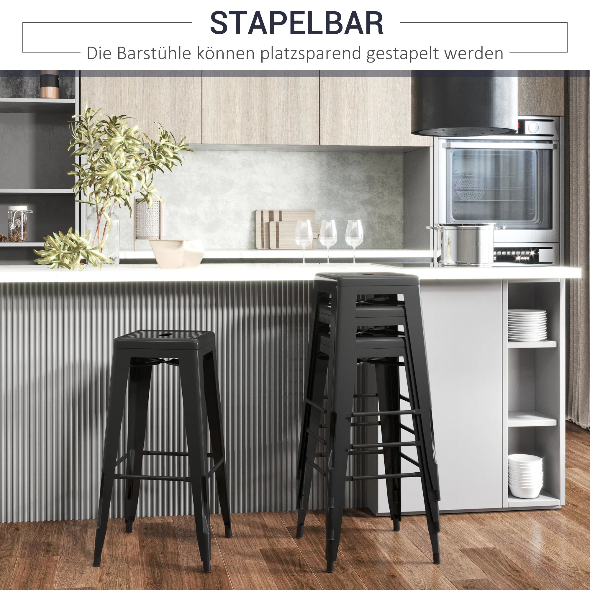 4er-Set Barhocker aus Metall, für drinnen und draußen, stapelbares Design, Schwarz