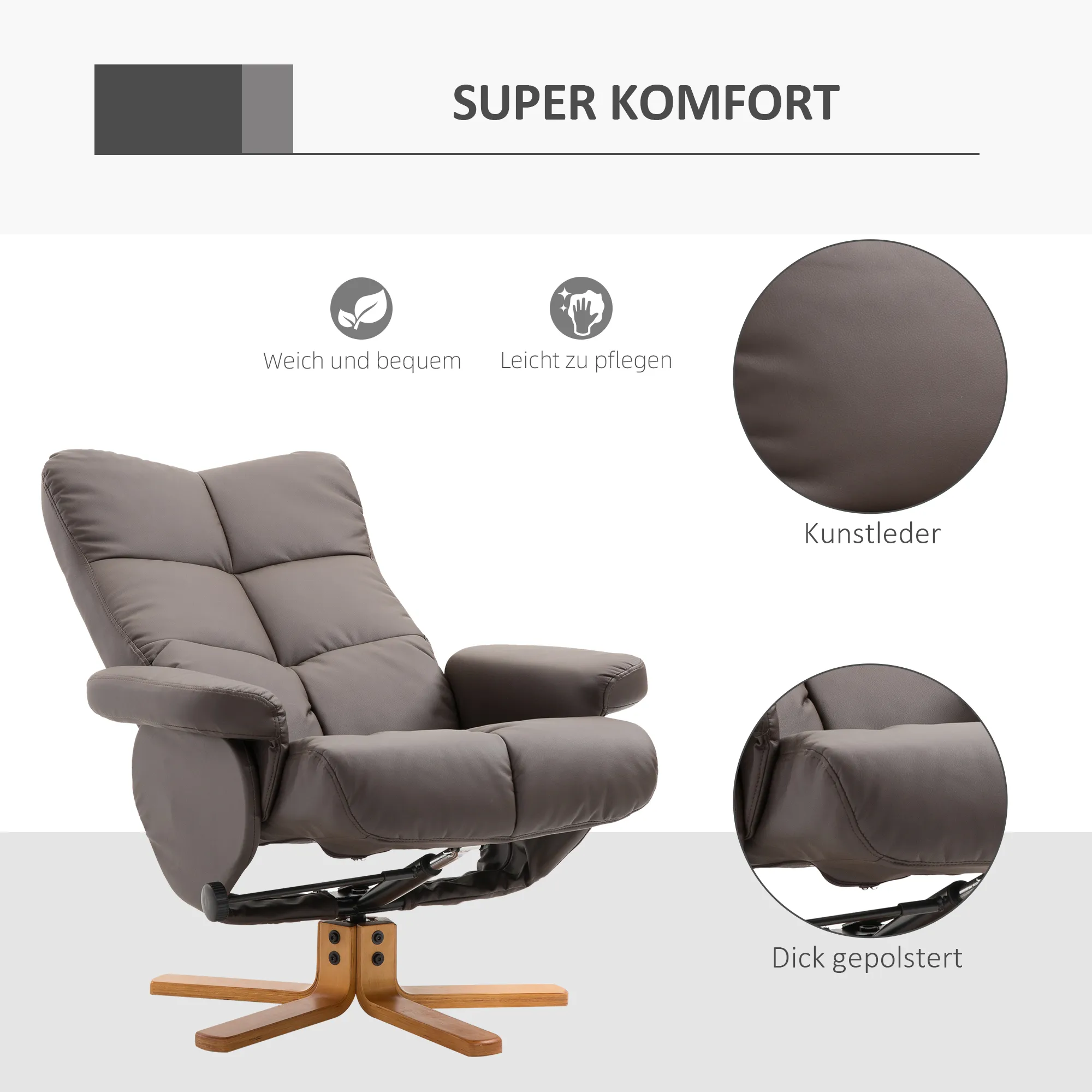 Relaxsessel mit Hocker, 360°drehbarer Fernsehsessel mit Liegefunktion Lesesessel für Schlafzimmer, Wohnzimmer, Kunstleder, Braun