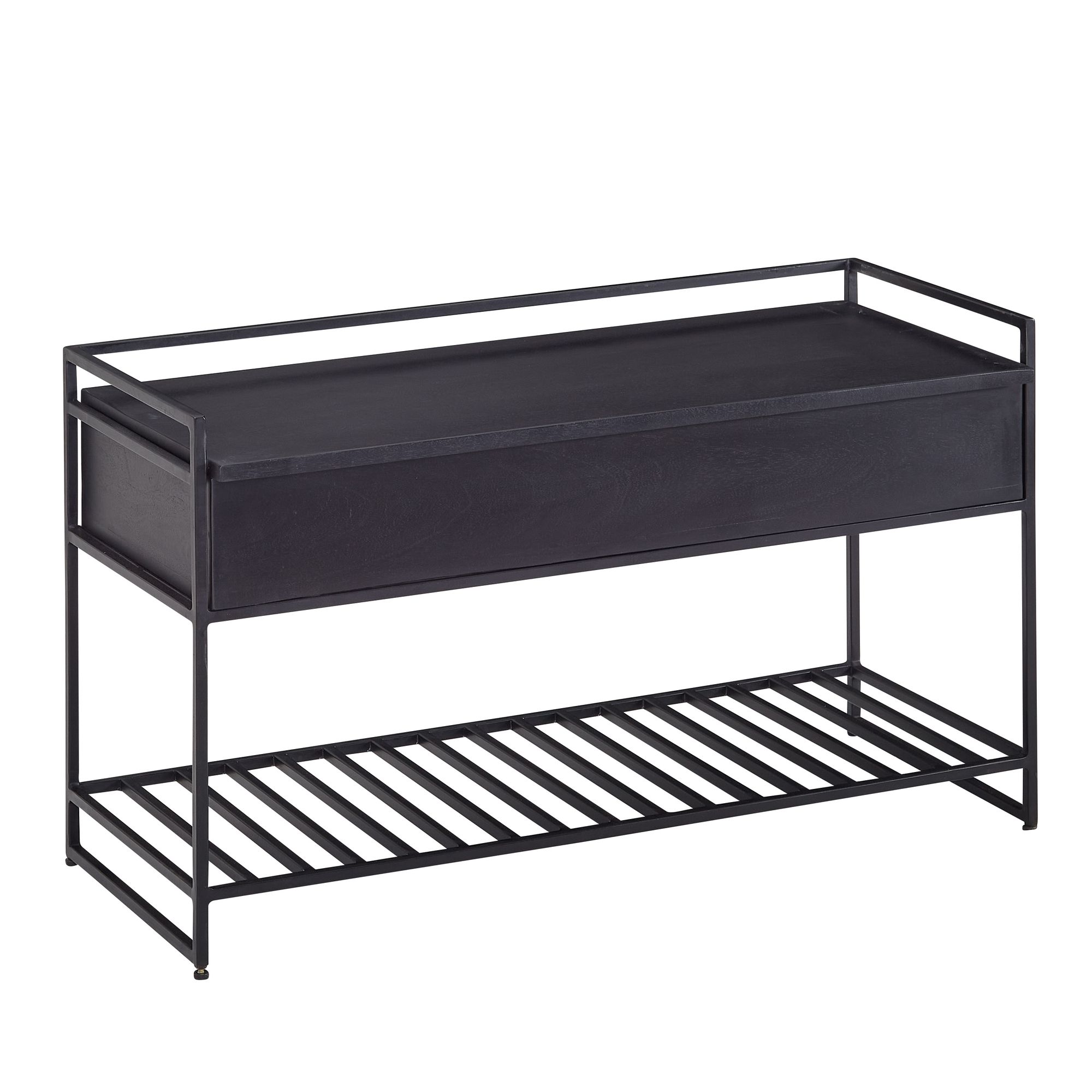 WOHNLING Sitzbank mit Stauraum 90 cm Mango Massivholz Metall Flurbank Schwarz