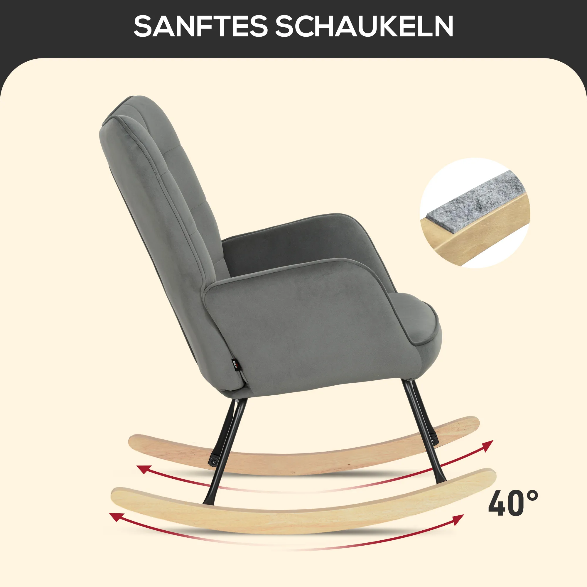 Vintage Schaukelstuhl, geschwungene Kufen, dicke Polsterung, Samtoptik, Buchenholz & Stahl, Dunkelgrau