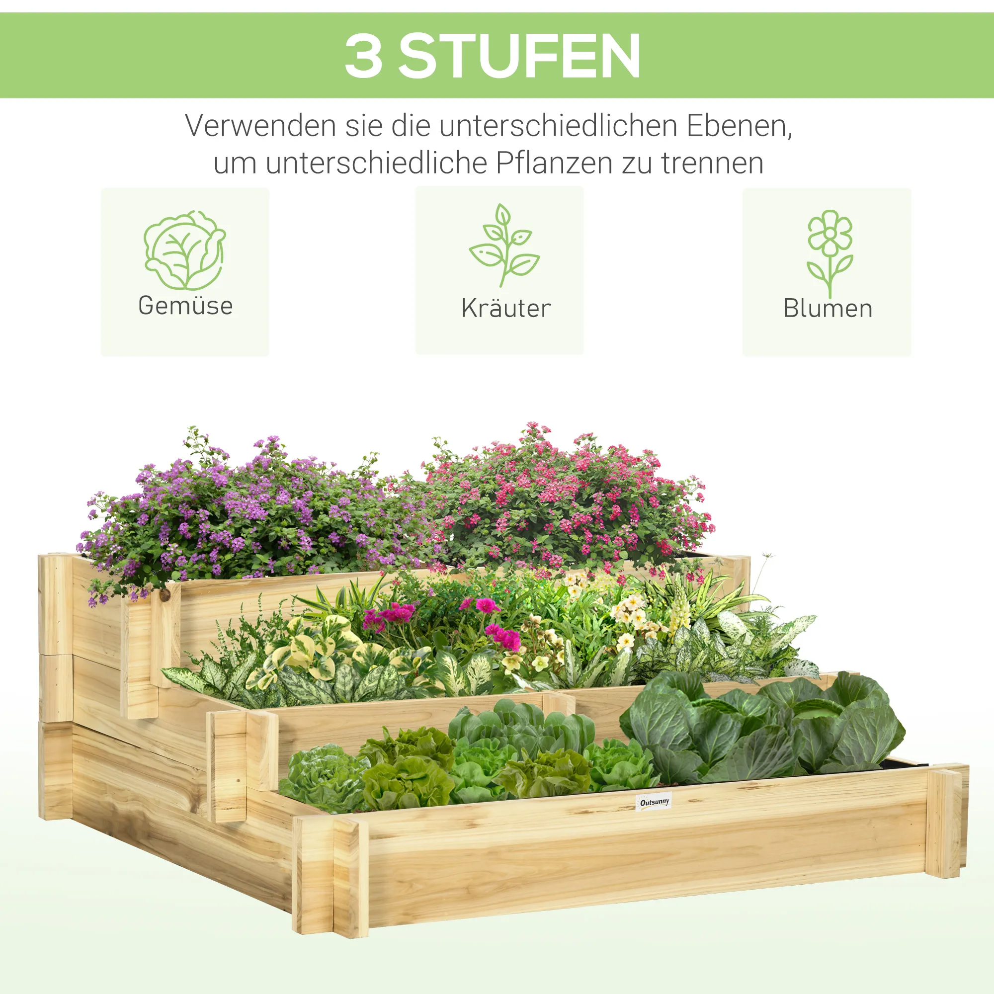 Hochbeet Naturholz 93L x 93B x 35H cm mit 5 Pflanzfächern