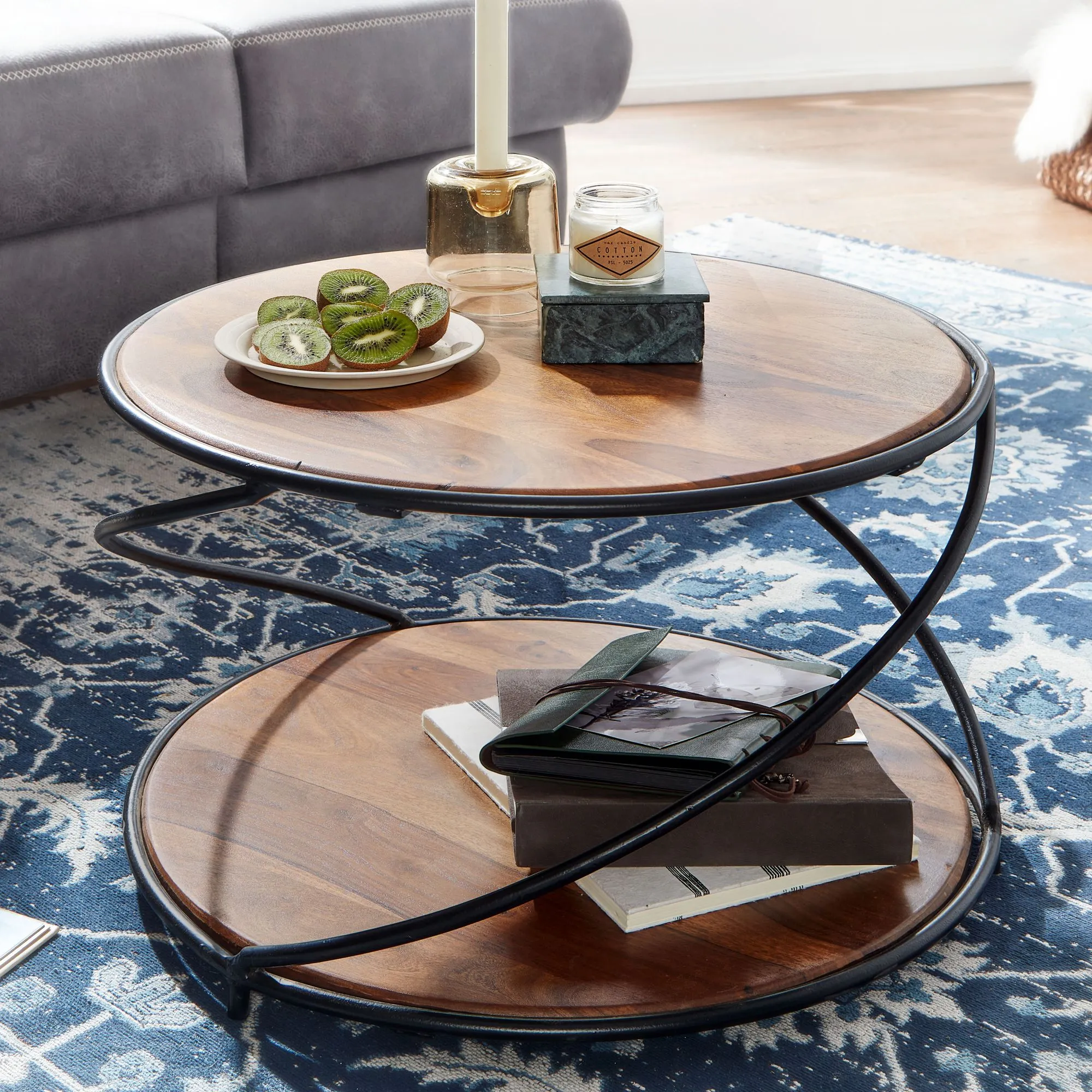 WOHNLING Couchtisch 58 cm Sheesham Massivholz Metall Sofatisch Rund Holztisch Wohnzimmer