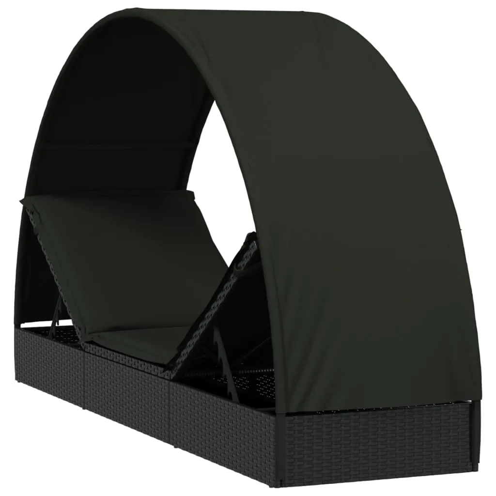 Sonnenliege mit Dach 211x57x140 cm Schwarz aus PE-Rattan und Stahl