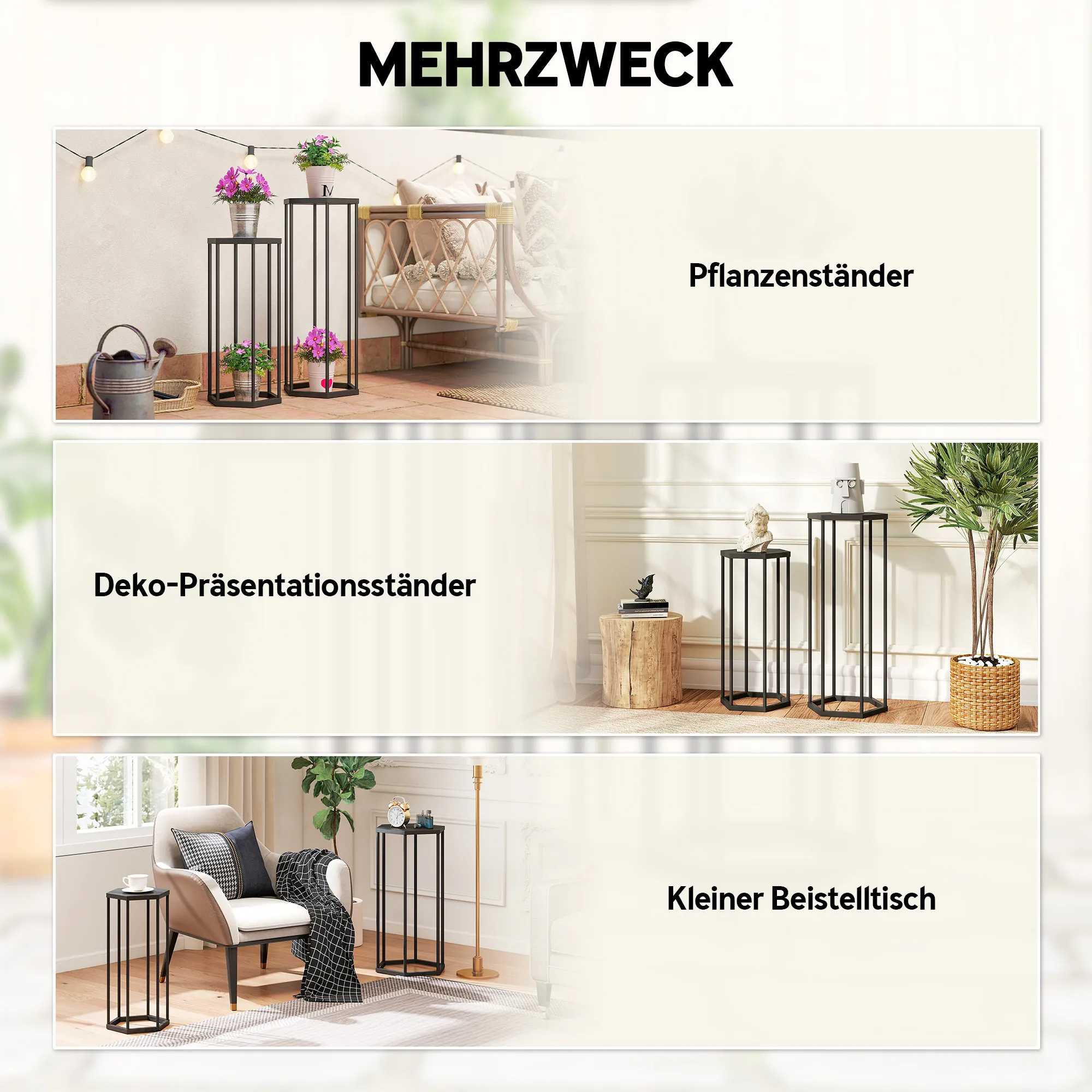 Pflanzenständer Set Schwarz 75x27x31 cm und 60x25x28 cm