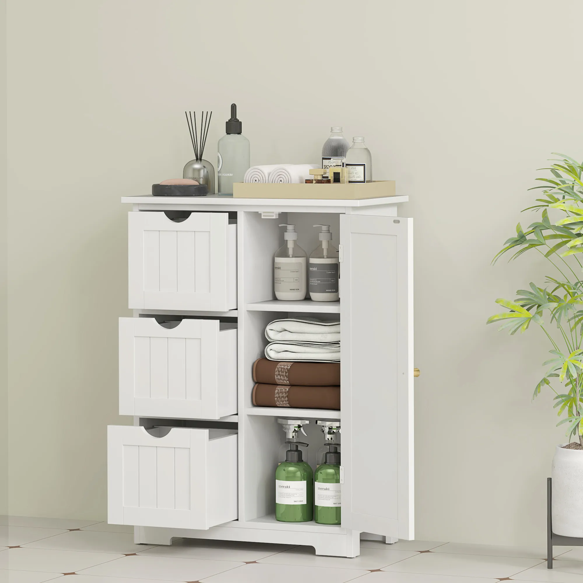 Badezimmerschrank, Badkommode, 3 Schubladen, Regal, MDF, Weiß