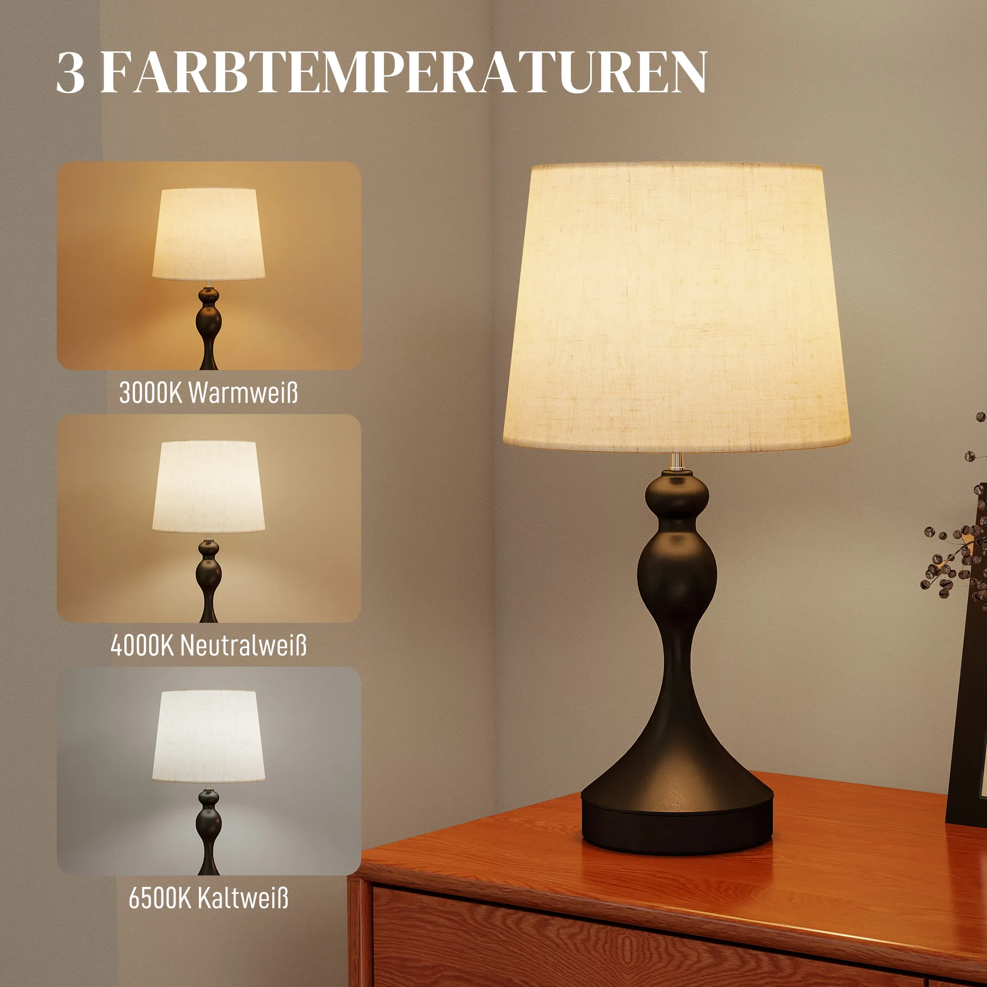 Nachttischlampe LED mit USB A+C, Leinen, Schwarz, 54 cm hoch