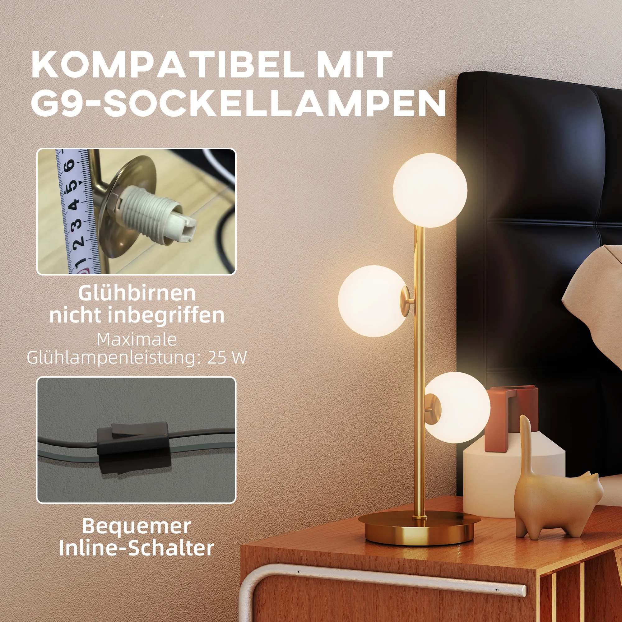 Tischlampe mit 3 Kugelschirmen, Stahlfuß, Messingfarben, 53 cm