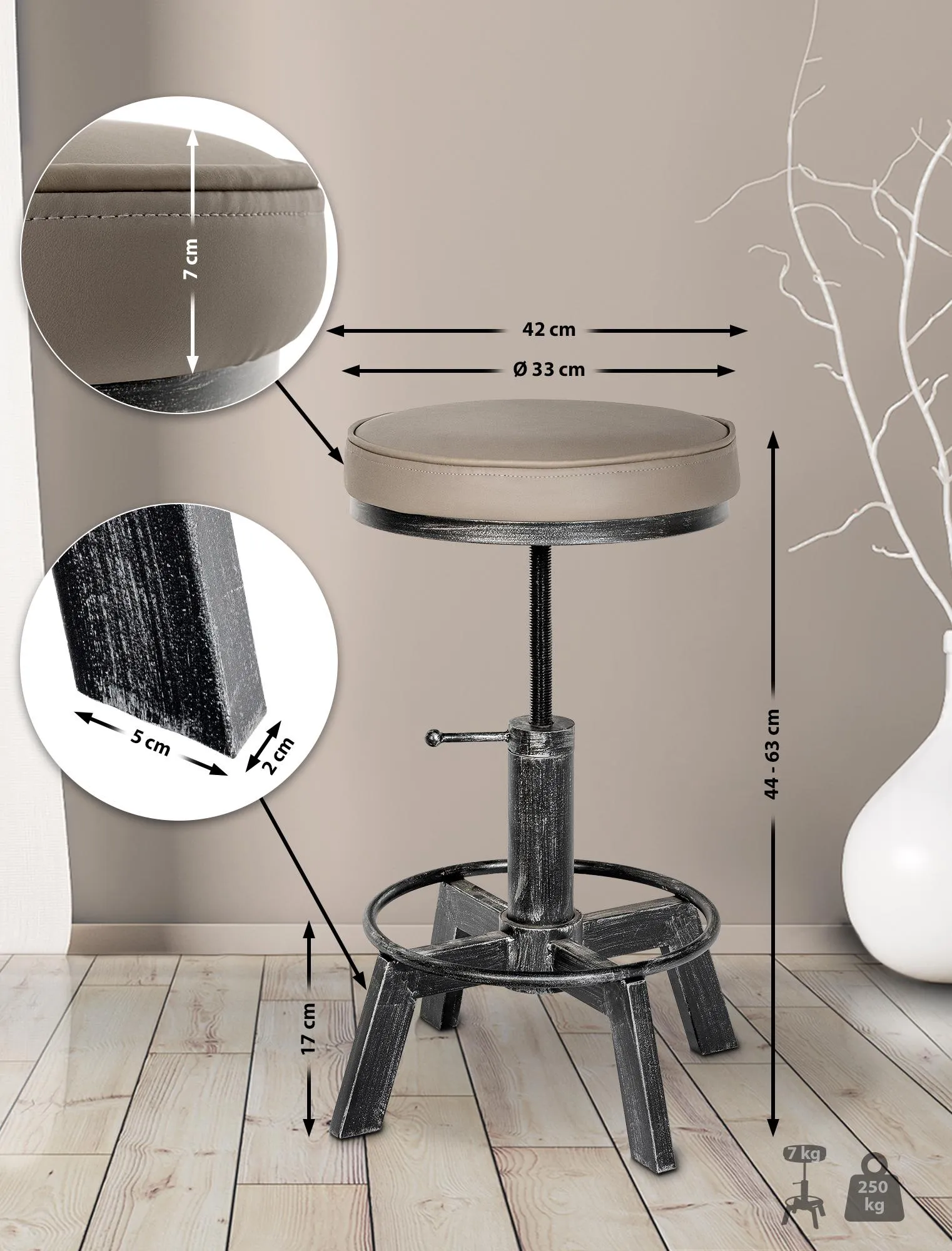 Sitzhocker Destin 42x42x44-63 cm antik silber
