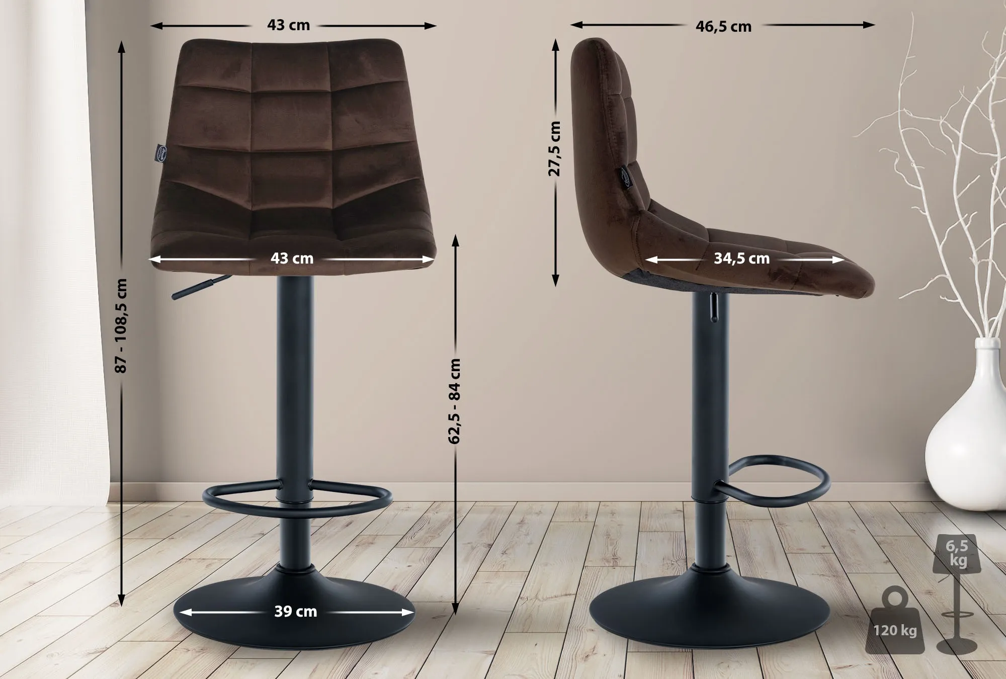 Barhocker Jerry 2er Set 87-108,5x43x46,5 cm Braun