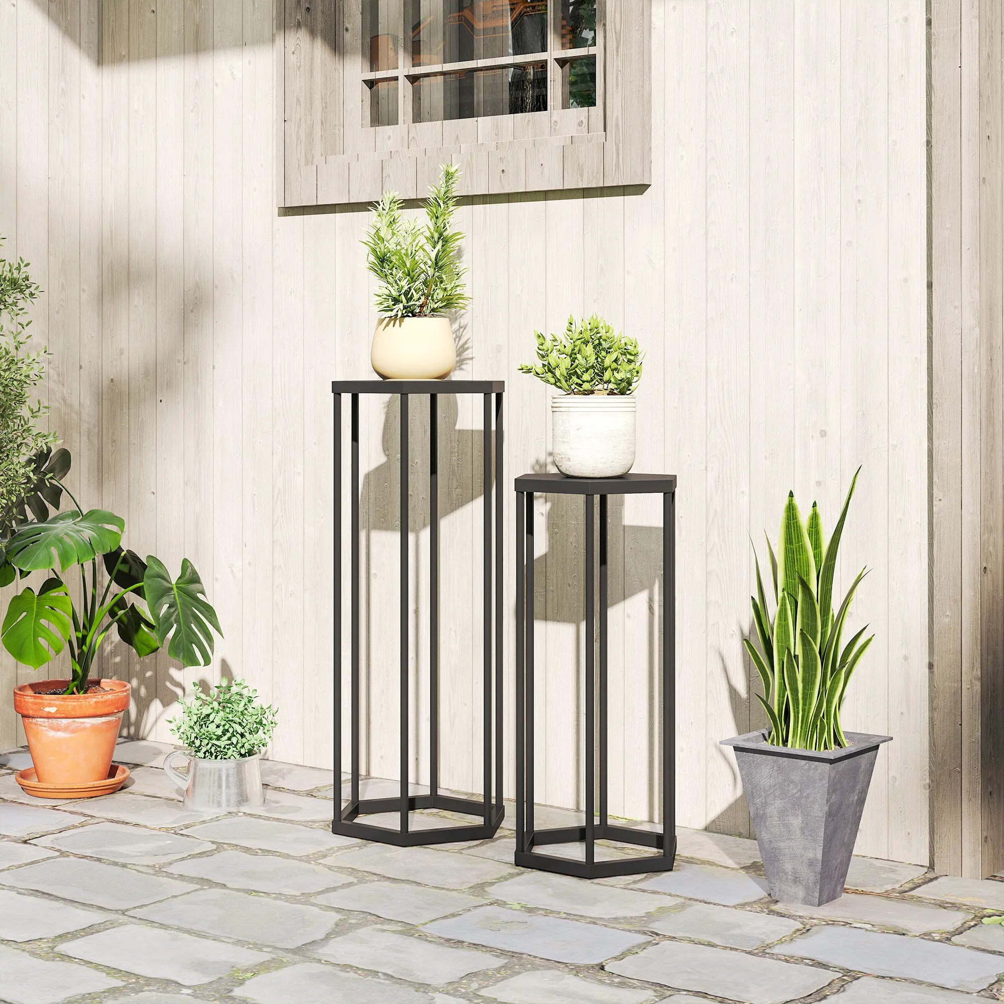 Pflanzenständer Set Schwarz 75x27x31 cm und 60x25x28 cm