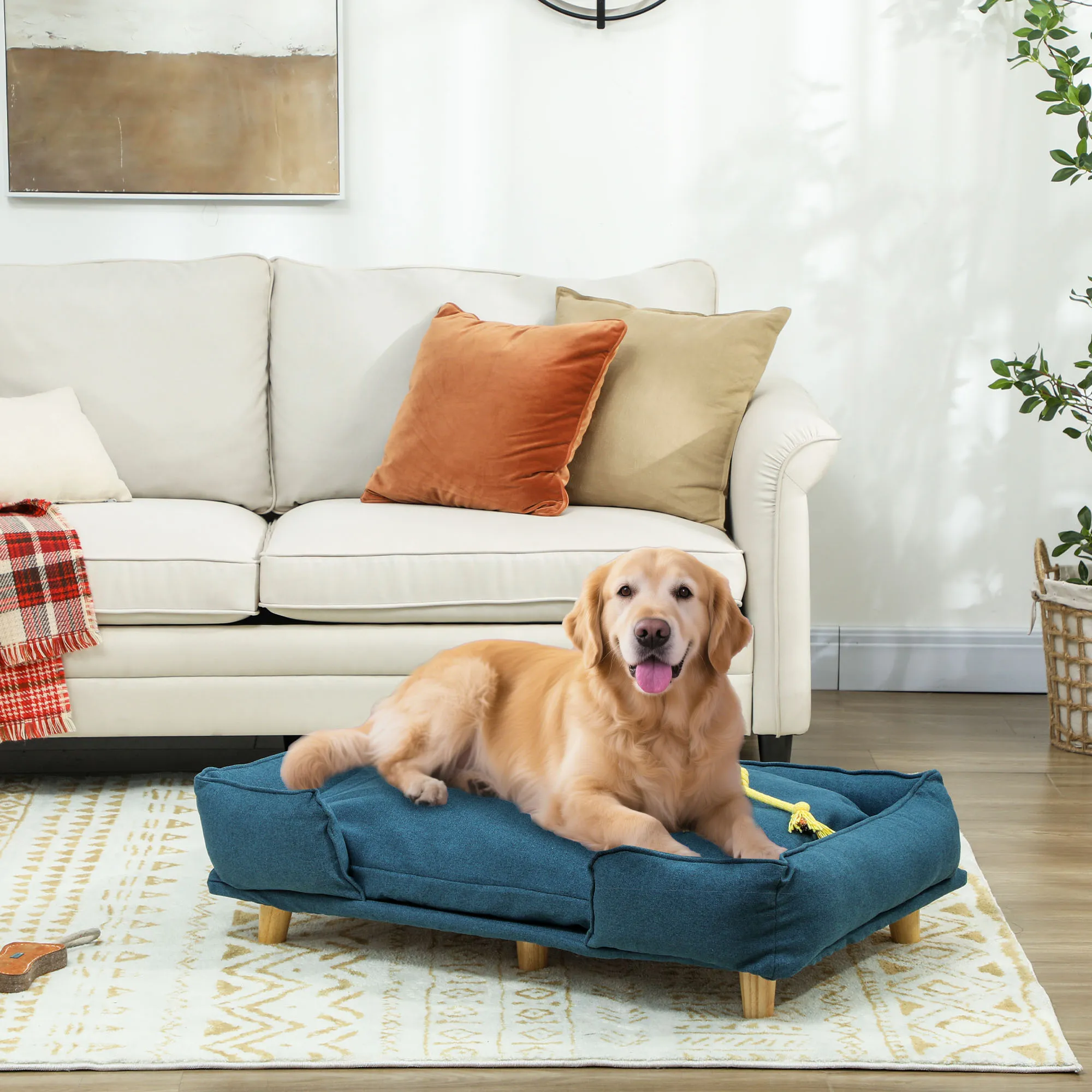 Hundesofa, Haustiersofa, Haustierbett, abnehmbares u. waschbares Polster, Natur+ Dunkelblau