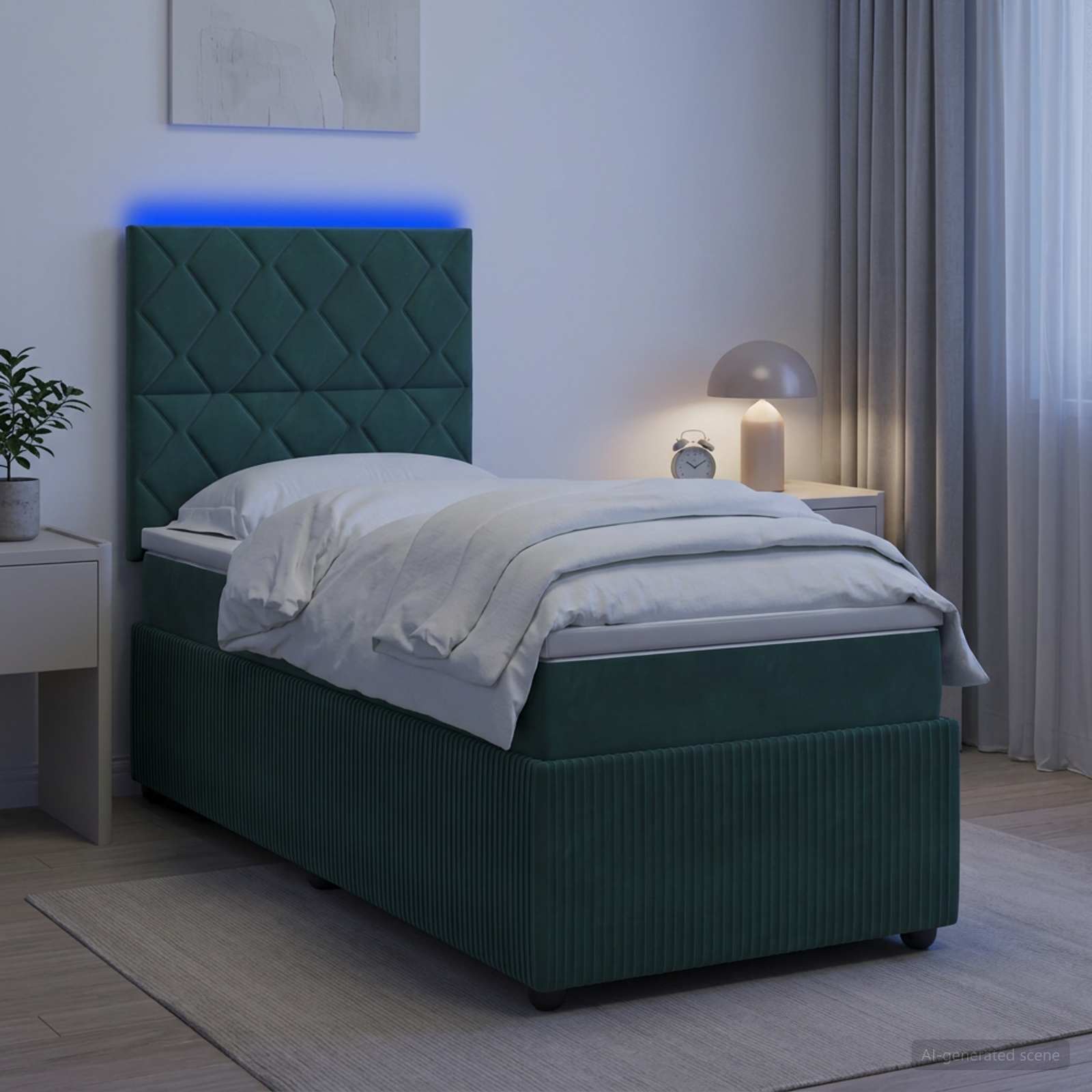 LED-Boxspringbett mit Matratze & Topper 90 x 190 cm Samt Dunkelgrün