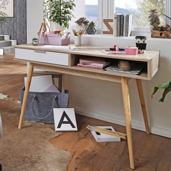 WOHNLING Design Schreibtisch mit Schublade SAMO Bürotisch Sonoma / Weiß 120 cm