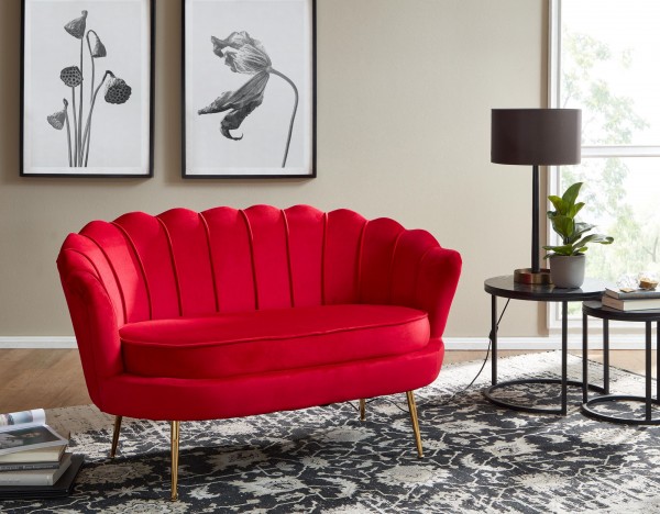 WOHNLING Design 2-Sitzer Sofa Samt Rot 130 x 84 x 75 cm Couch goldene Beine