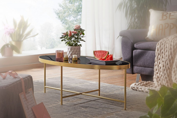 WOHNLING Design Couchtisch Glas Schwarz - Oval 110 x 56 cm mit Gold Metallgestell Lounge Tisch
