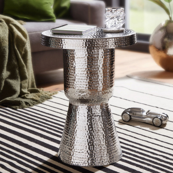 WOHNLING Design Beistelltisch DELYLA 43x59x43 cm Aluminium Silber | Dekotisch orientalisch rund