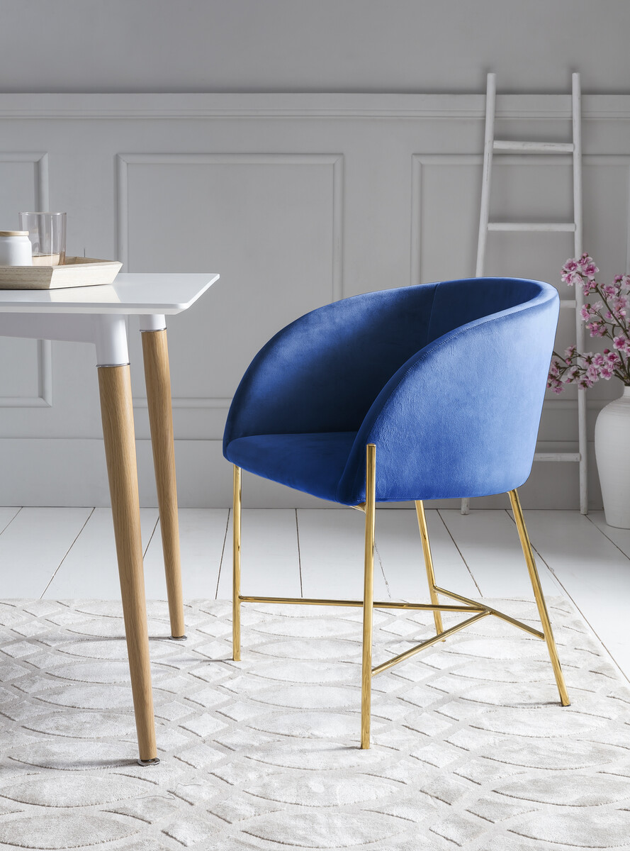 Stuhl blau Samt mit Armlehnen 100% Polyester, Gestell goldfarben