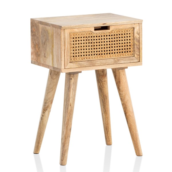 Wohnling Nachtkonsole Mango Massivholz / Rattan 40x60x30 cm