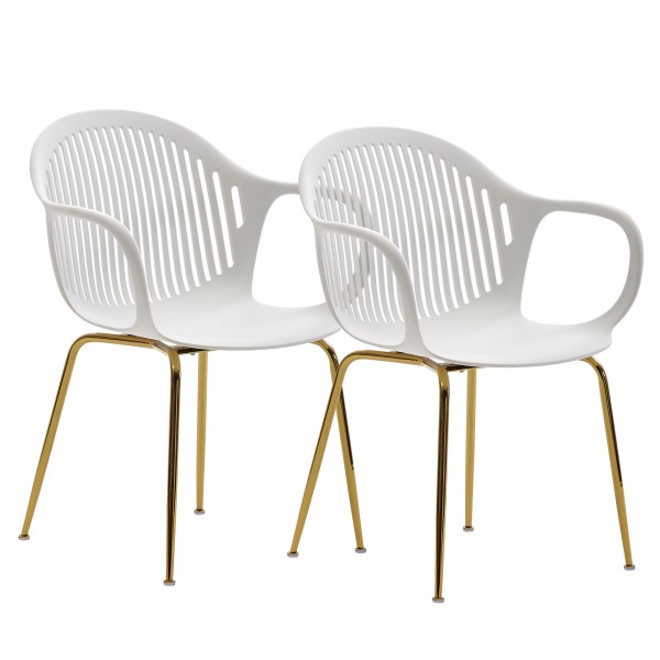 WOHNLING Design Esszimmerstuhl 2er Set Weiß Kunststoff mit goldenen Metallbeinen Stuhlset