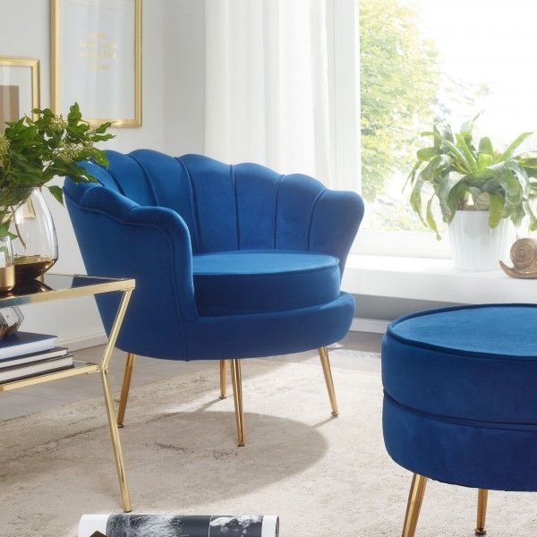 WOHNLING Sessel Tulpe Samt Blau 81 x 77 x 81 cm Design Relaxsessel ohne Hocker