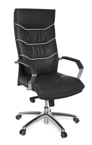 AMSTYLE Bürostuhl FERROL Echt-Leder schwarz Schreibtischstuhl | Chefsessel mit Kopfstütze