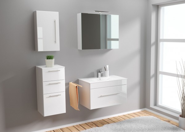 Posseik Badkombination inkl. Waschbecken und LED Spiegelschrank Weiß Hochglanz