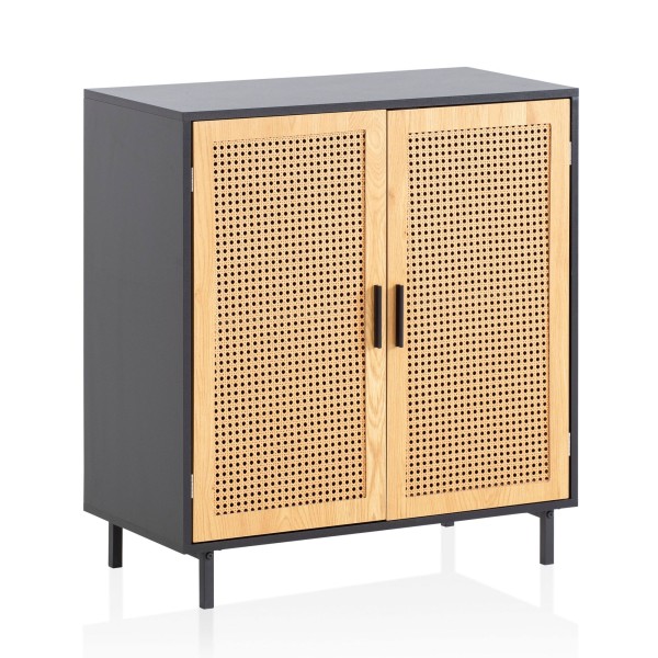 Wohnling Sideboard 80x86,5x40 cm Kommode Schwarz mit Wiener Geflecht