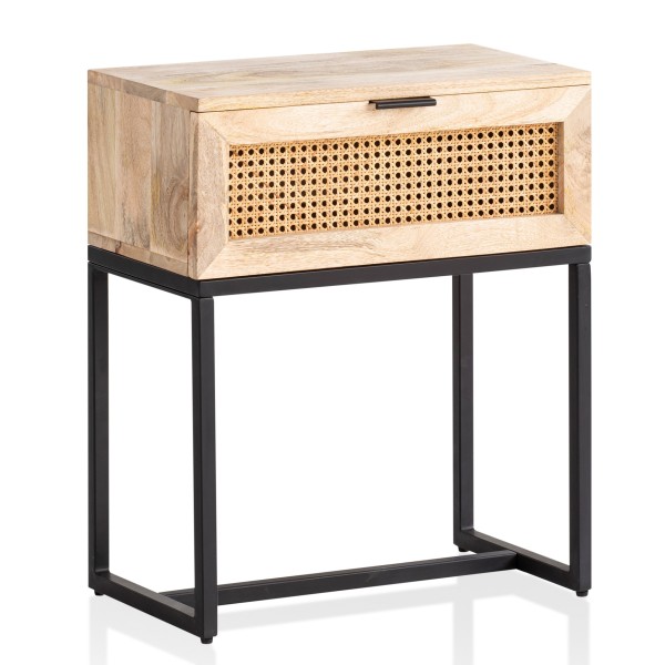 Wohnling Nachtkonsole Mango Massivholz / Rattan 50x60x30 cm