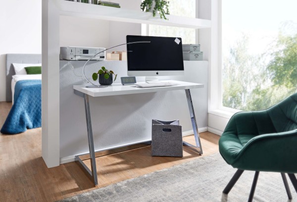 WOHNLING Schreibtisch 120x55x76 cm Hochglanz Weiß / Silber PC-Tisch mit Metallbeine