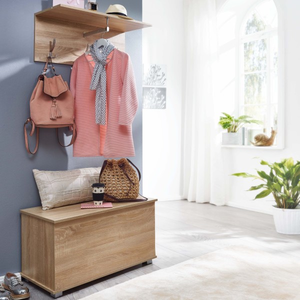 WOHNLING Garderobe mit Schuhtruhe Sonoma Eiche Design Garderobenleiste Modern Wandgarderobe