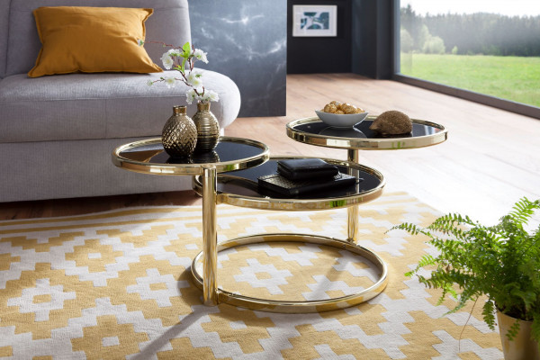 WOHNLING Couchtisch SUSI mit 3 Tischplatten Schwarz / Gold 58 x 43 x 58 cm | Beistelltisch Rund