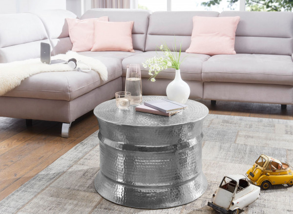 WOHNLING Couchtisch KARAM Aluminium Silber Beistelltisch orientalisch rund