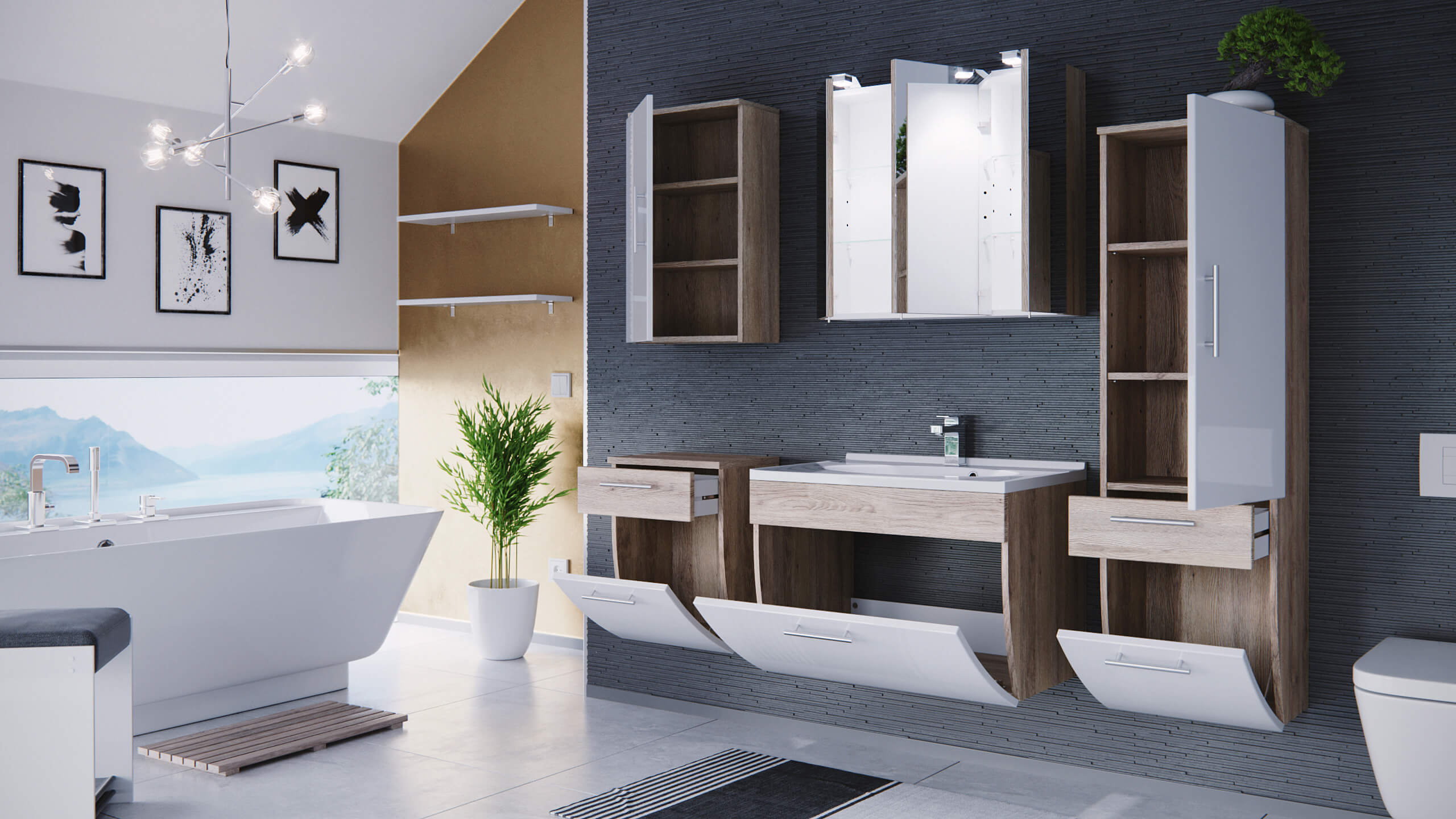 Badezimmer Einrichtung Set - Schränke für Wand- & Standmontage - Endely  (6-teilig)