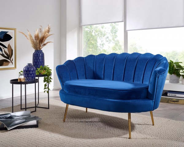 WOHNLING Design 2-Sitzer Sofa Samt Blau 130 x 84 x 75 cm Couch goldene Beine