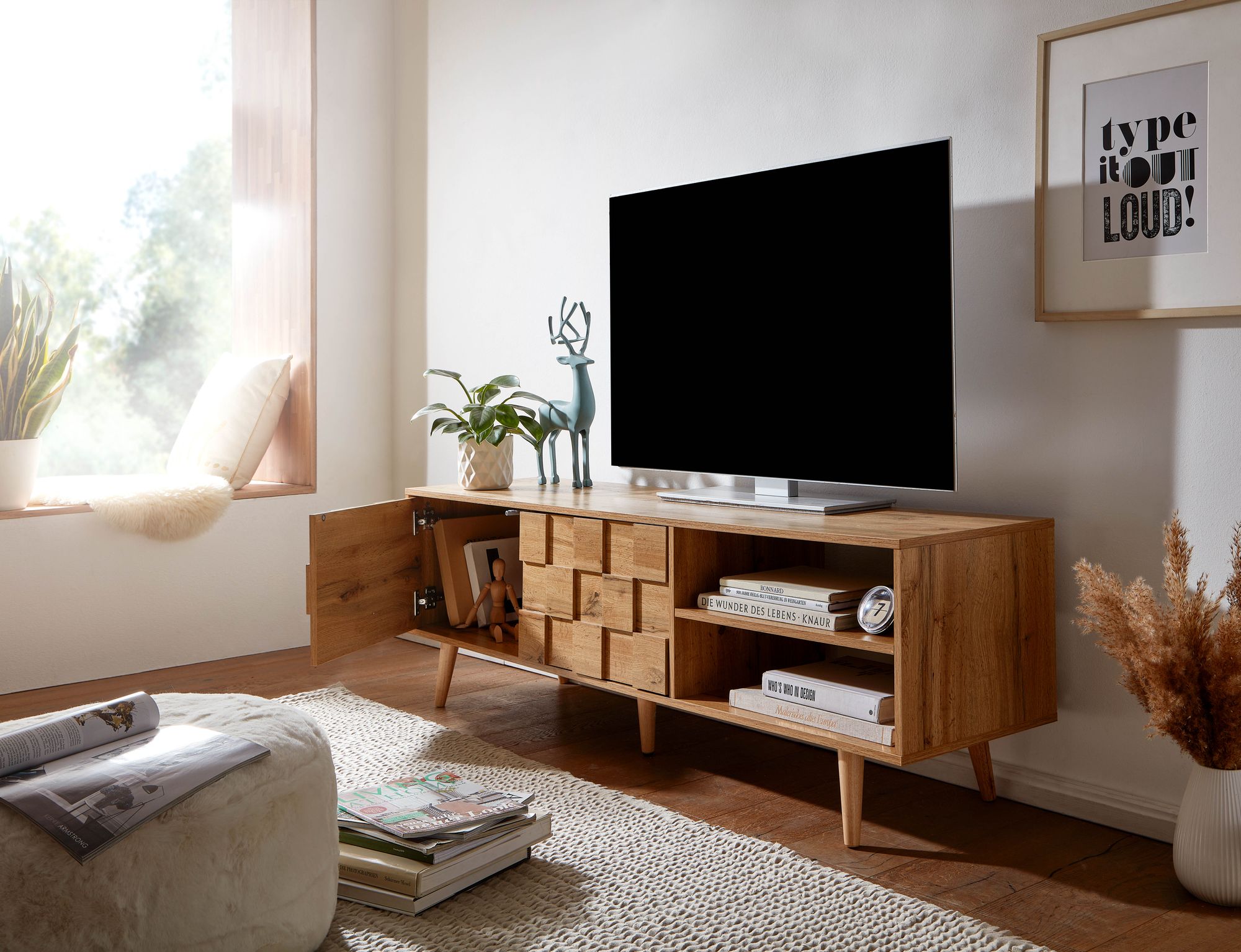 wohnling lowboard holz eiche-dekor 160 cm tv-kommode mit türen tv-schrank  hoch wohnzimmer