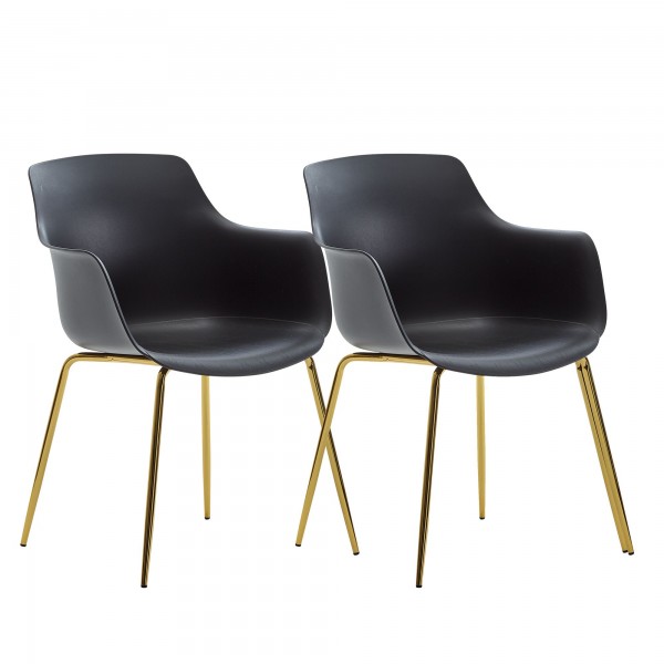 WOHNLING Design Esszimmerstuhl 2er Set Schwarz Kunststoff mit goldenen Metallbeinen Stuhlset