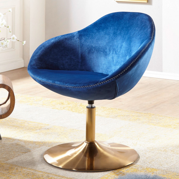 WOHNLING Loungesessel SARIN Samt Blau / Gold 70x79x70 cm Design Drehstuhl | Clubsessel Polsterstuhl