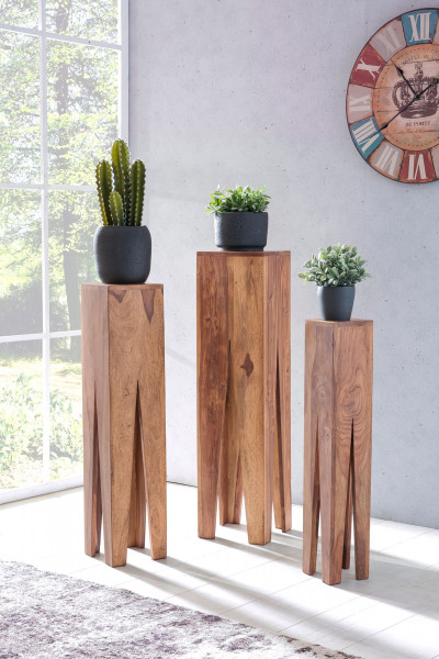 WOHNLING Beistelltisch 3er Set KADA Massivholz Akazie Wohnzimmer-Tisch Design Säulen