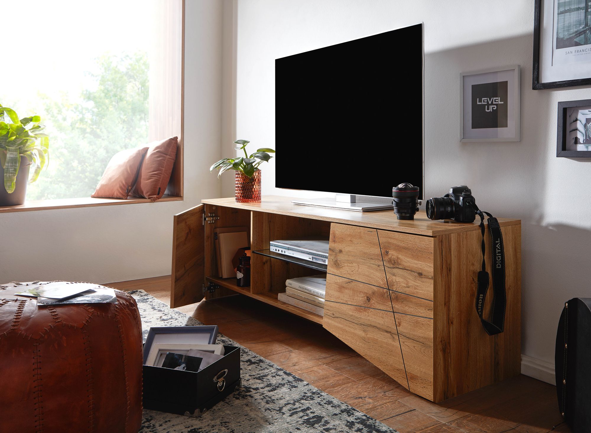 WOHNLING Lowboard Holz 160 cm TV-Kommode mit TV-Schrank Hoch