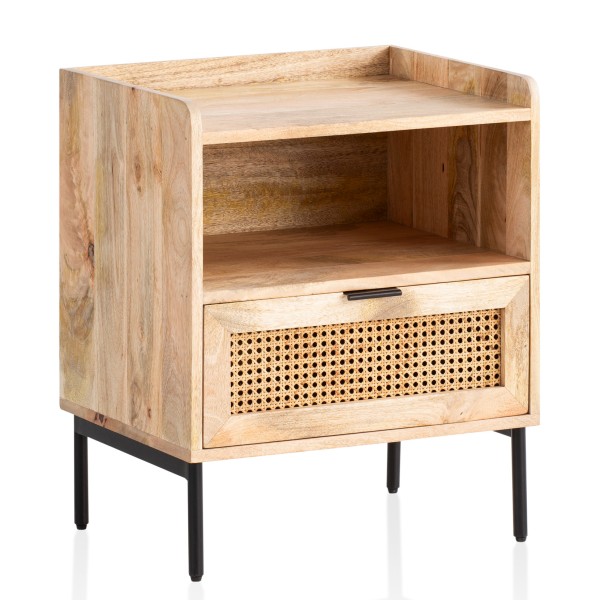 Wohnling Nachtkonsole Mango Massivholz / Rattan 50x60x40 cm